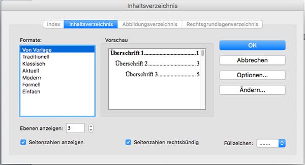 automatisches Inhaltsverzeichnis Word Mac