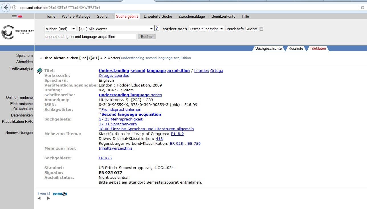 OPAC Uni Erfurt Ergebnis Englisch