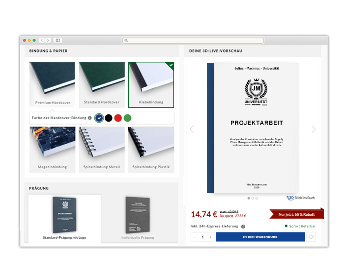 Projektarbeit drucken binden online 3D-Live-Vorschau