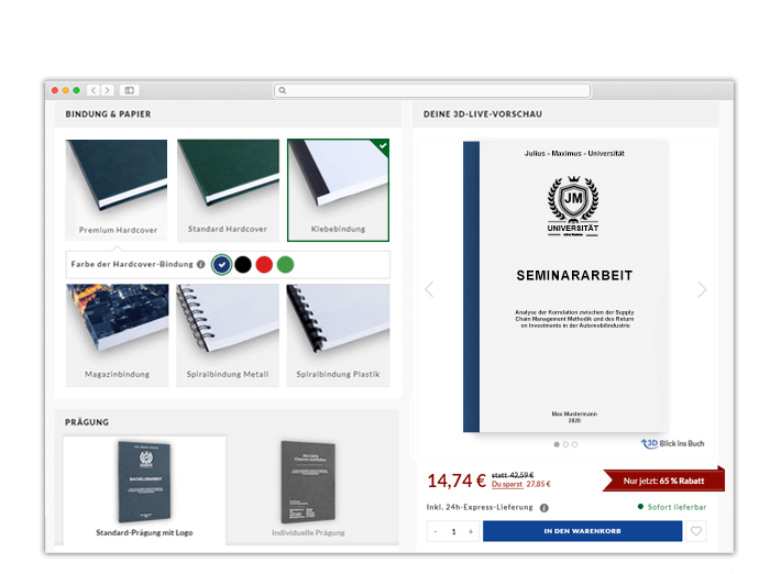 Seminararbeit drucken binden 3D-Live-Vorschau