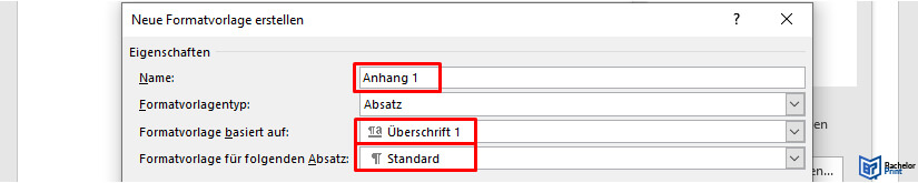 Anhangsverzeichnis Word - Neue Formatvorlage konfigurieren 1