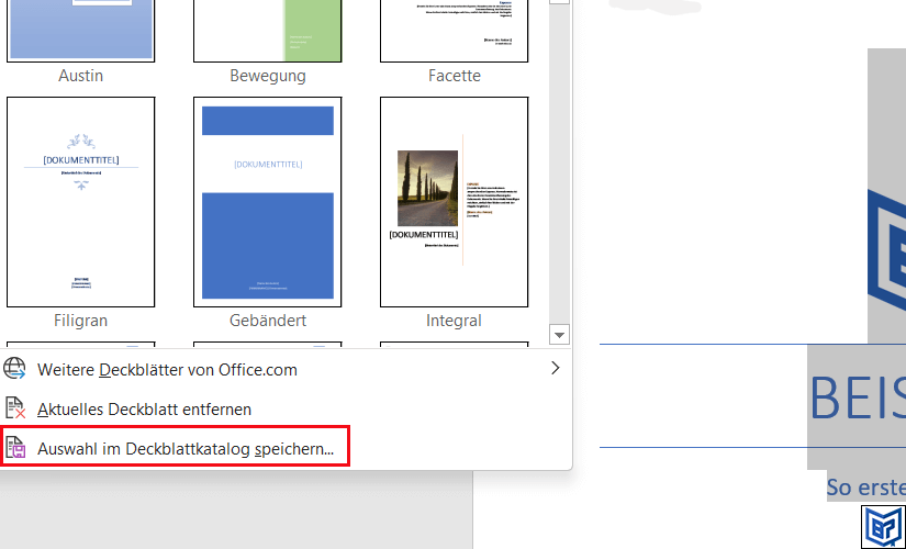 Deckblatt Word - Deckblattvorlage in Word speichern
