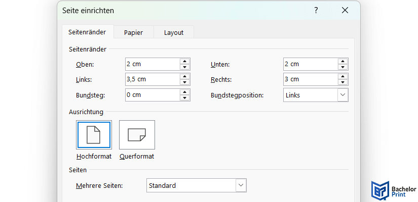 Deckblatt Bachelorarbeit - Seitenränder einstellen